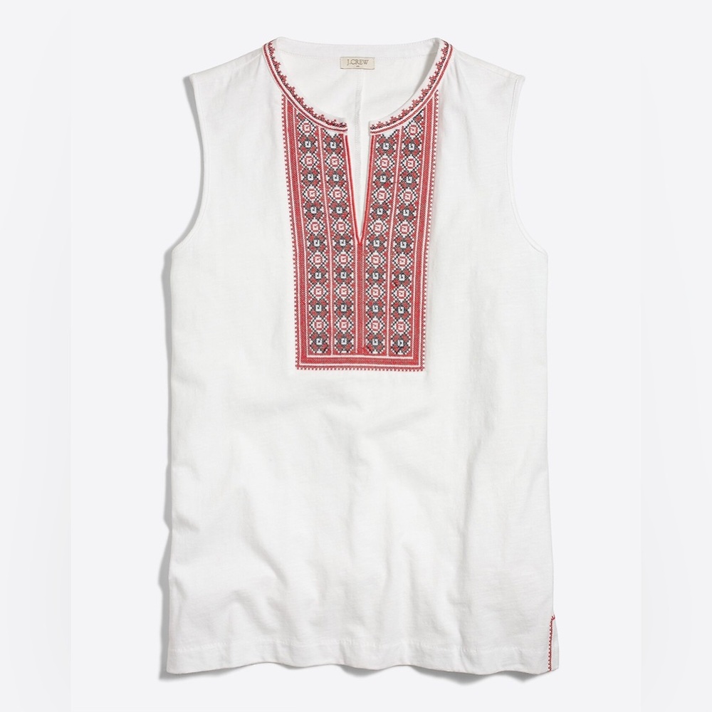 J. Crew White Sleeveless Embroidered Tank with Red Accents 100% Cotton